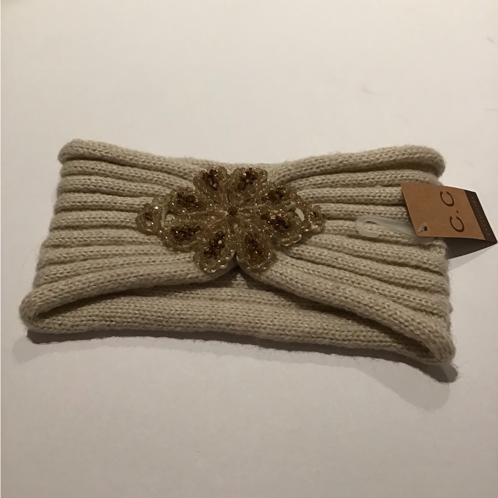 NWT Beige Knit Head Wrap with Beaded Design On Front